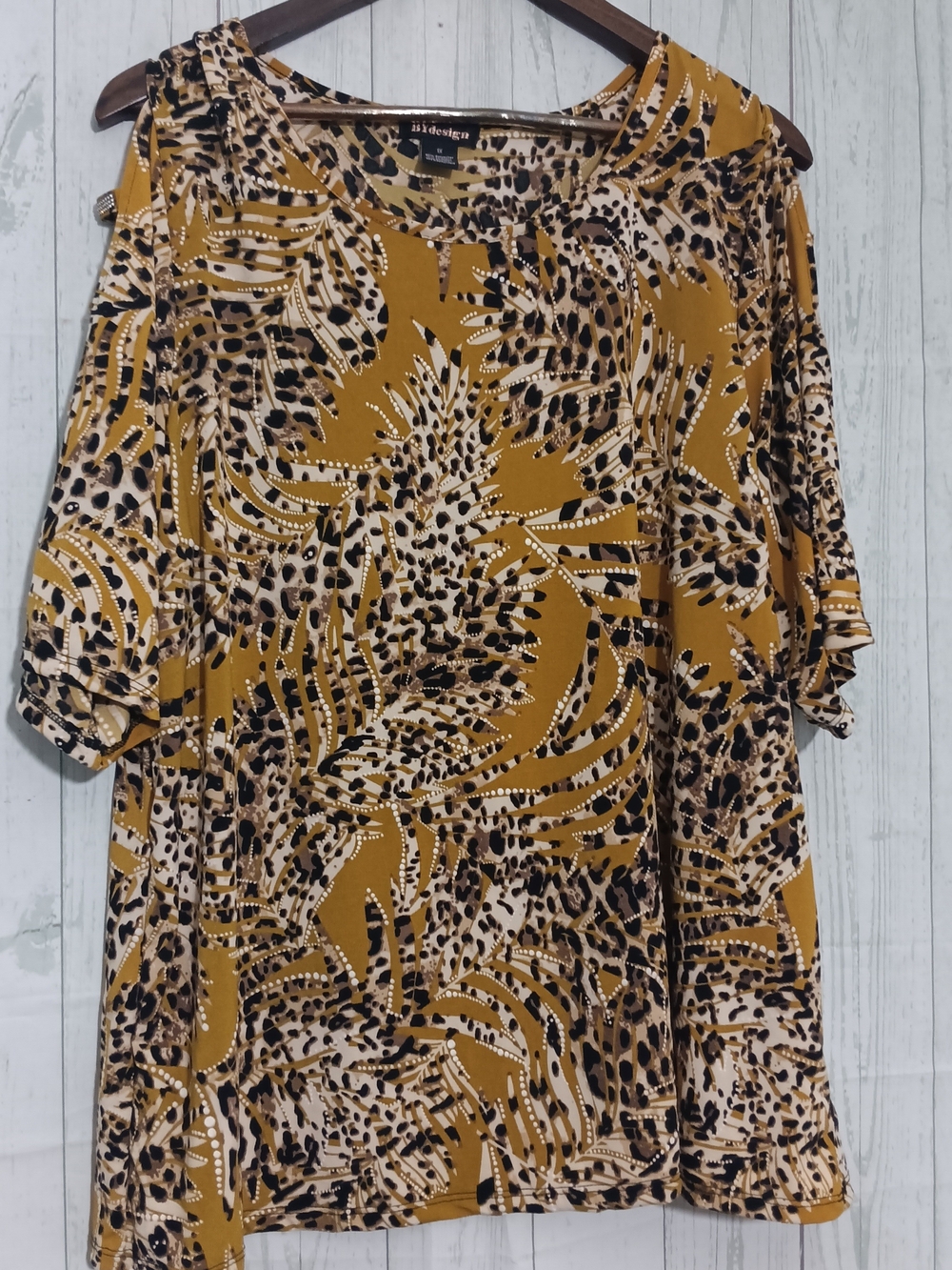 By Design Plus Size Mustard & Animal Print Cold-Shoulder Top Sz 1X